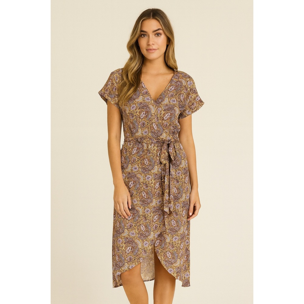 Ella Moss Womens Midi Wrap Dress‎ Paisley Print Flutter Sleeve Belted L